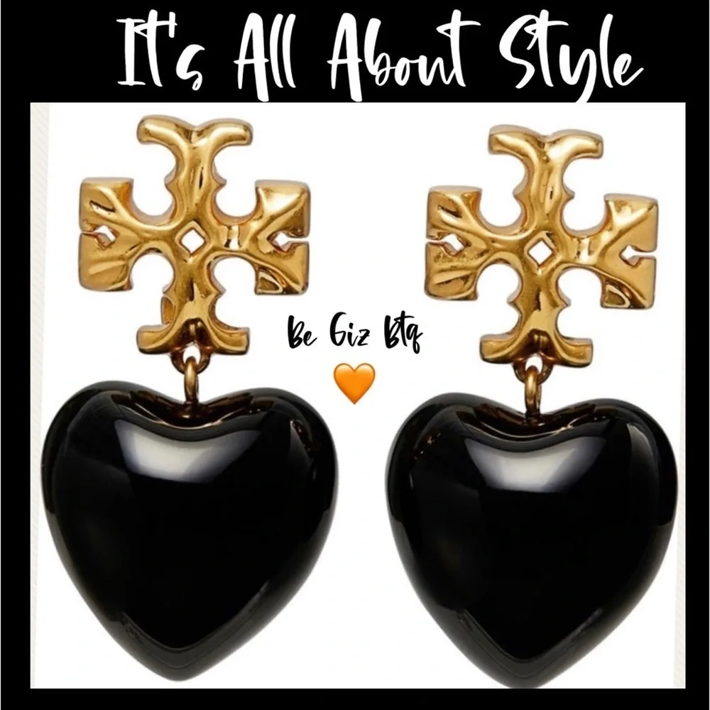 Tory Burch Authentic Vintage Roxanne Gold-Tone & Resin Heart Earrings In Black - Picture 3 of 10